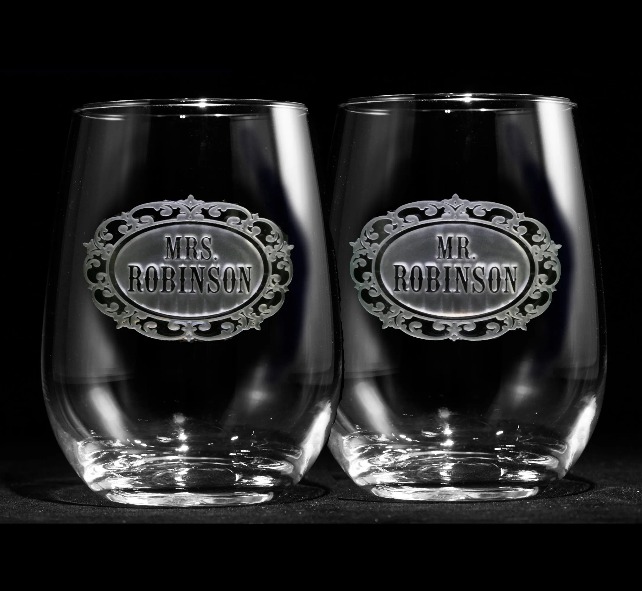 Mr. and Mrs. Personalized Stemless Wine Glass Set