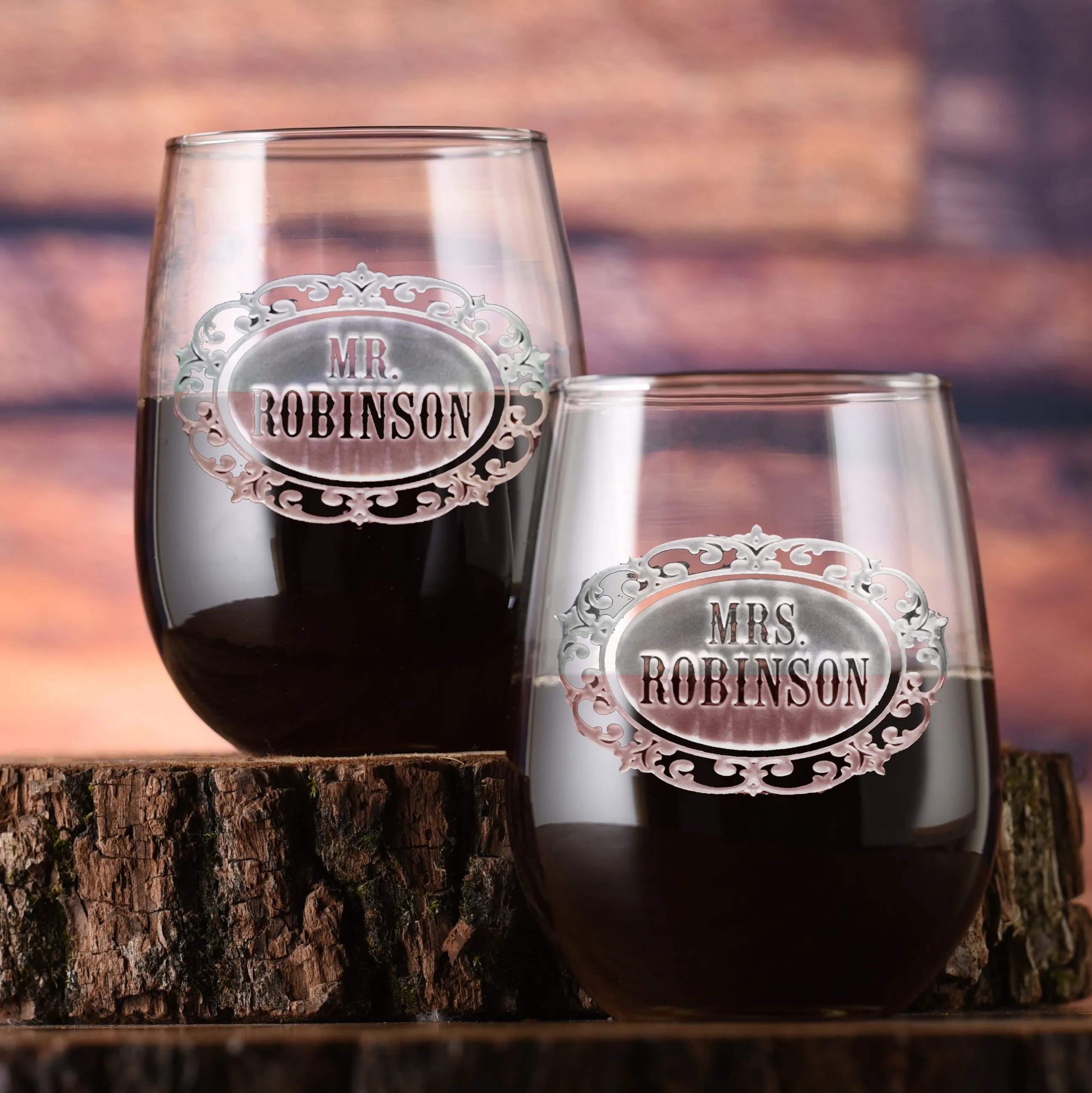 Mr. and Mrs. Personalized Stemless Wine Glass Set