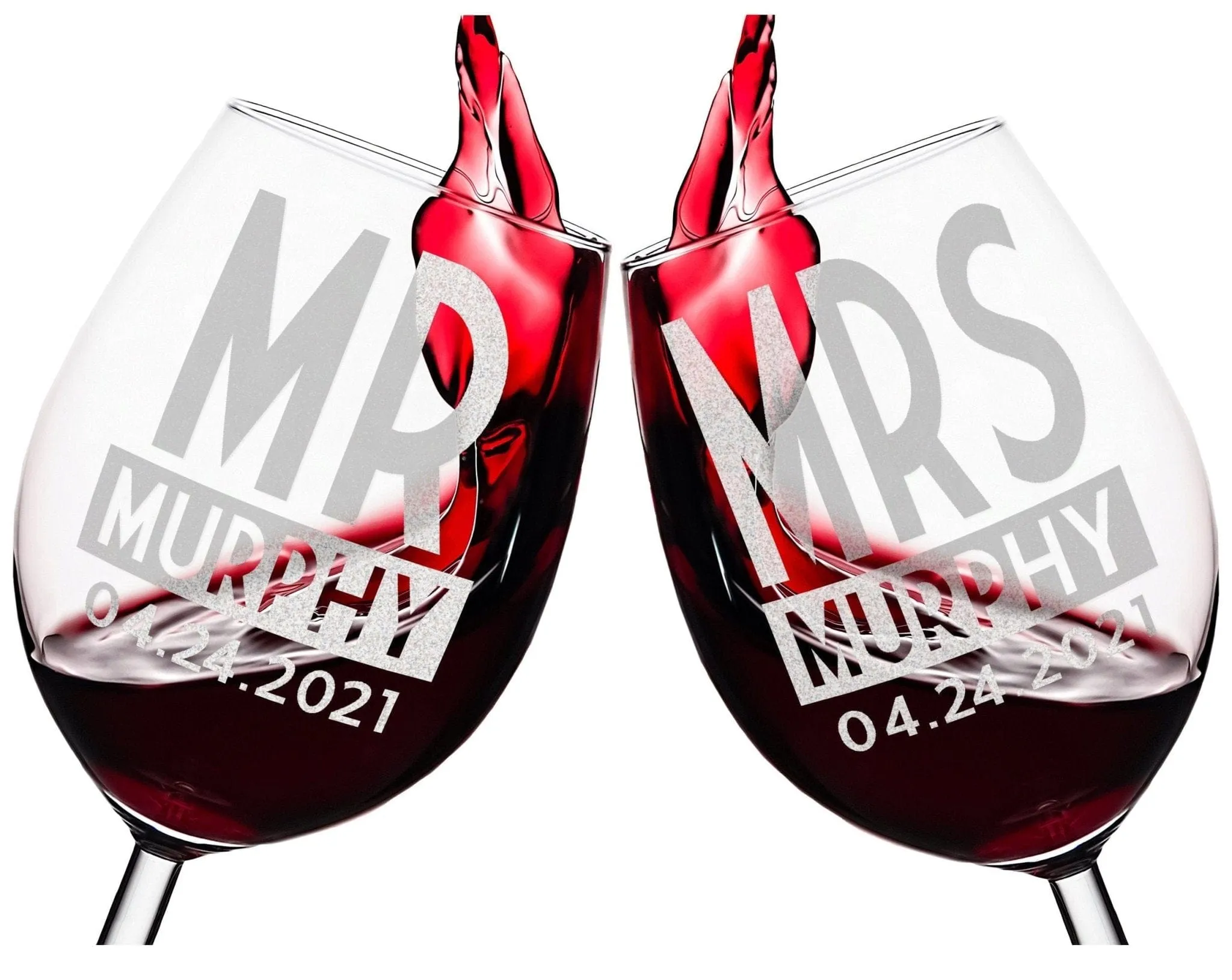 Mr Mrs Set of 2 Personalized Stem Wine Glass for Bride Groom Newly Married Future Soon to Be Engaged Gift His Her Glasses Couples Engraved