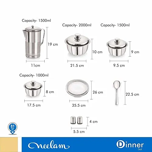 Neelam Stainless Steel 24 Gauge Premium Dinner Set, 81 Pcs