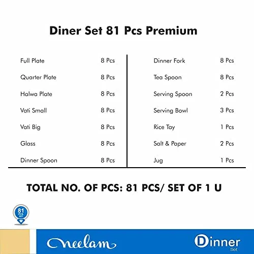 Neelam Stainless Steel 24 Gauge Premium Dinner Set, 81 Pcs