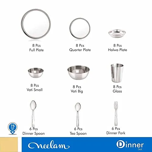 neelam Stainless Steel 24 Gauge Premium Dinner Set of 75Pcs, Silver, Standard