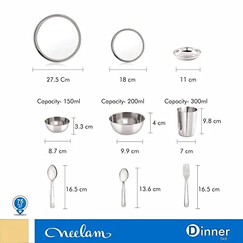 neelam Stainless Steel 24 Gauge Premium Dinner Set of 75Pcs, Silver, Standard