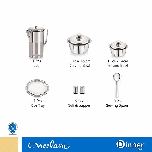 neelam Stainless Steel 24 Gauge Premium Dinner Set of 75Pcs, Silver, Standard