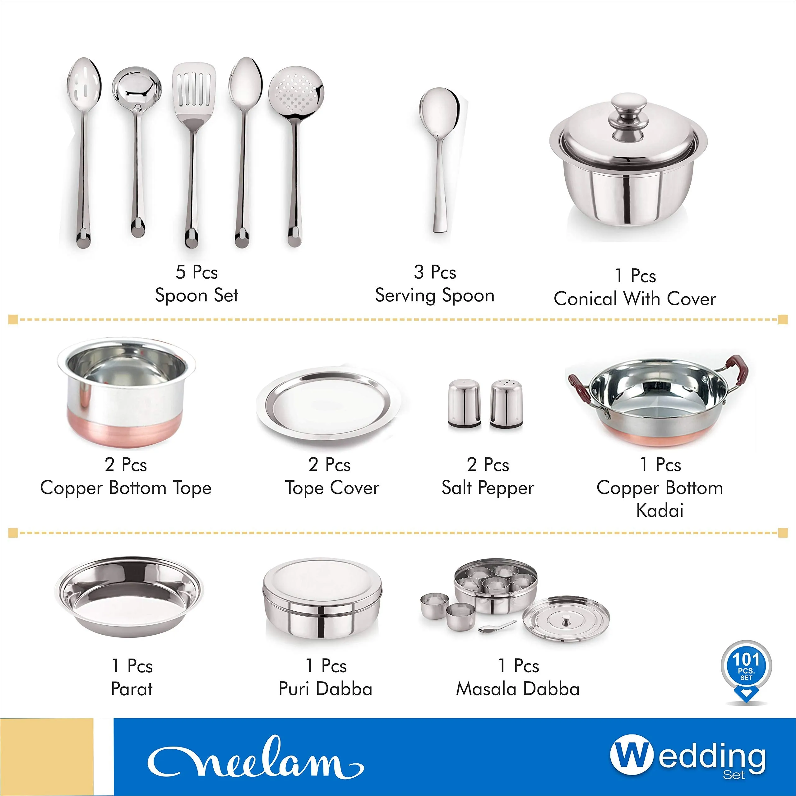 Neelam Stainless Steel DLX Premium 101 pc Wedding Dinner Set