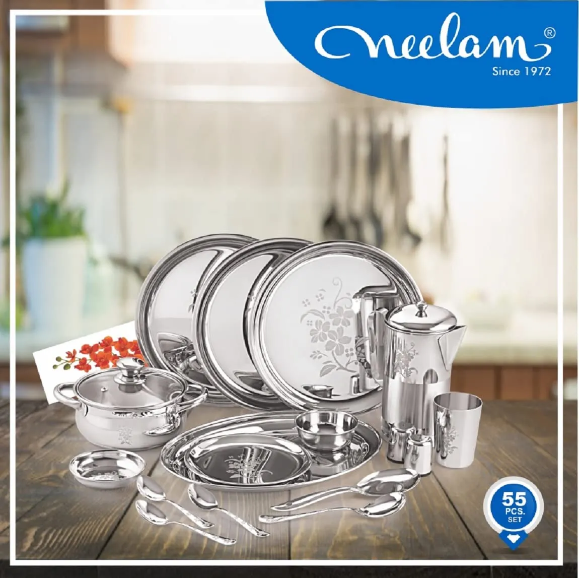 Neelam Stainless Steel Lazer Etching 55 pcs Dinner Set