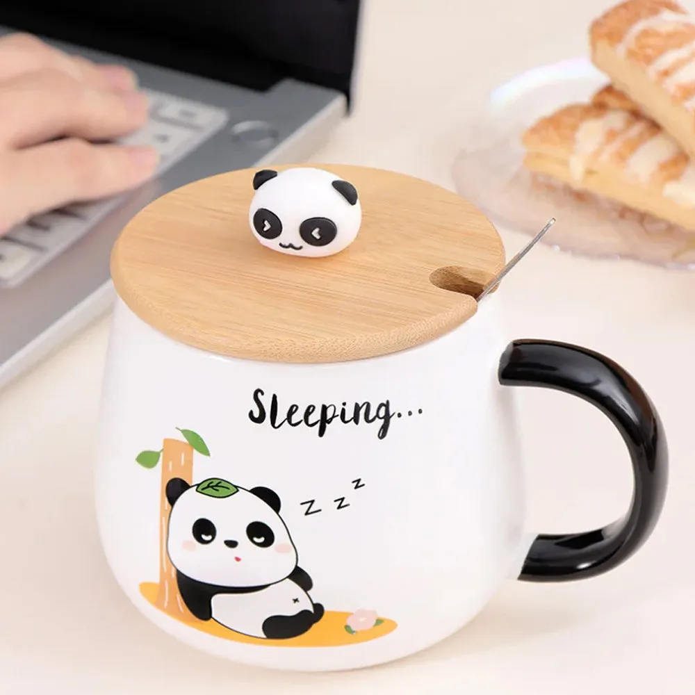 (Net) Cute Panda Ceramic Cup with Spoon and Wooden Cap