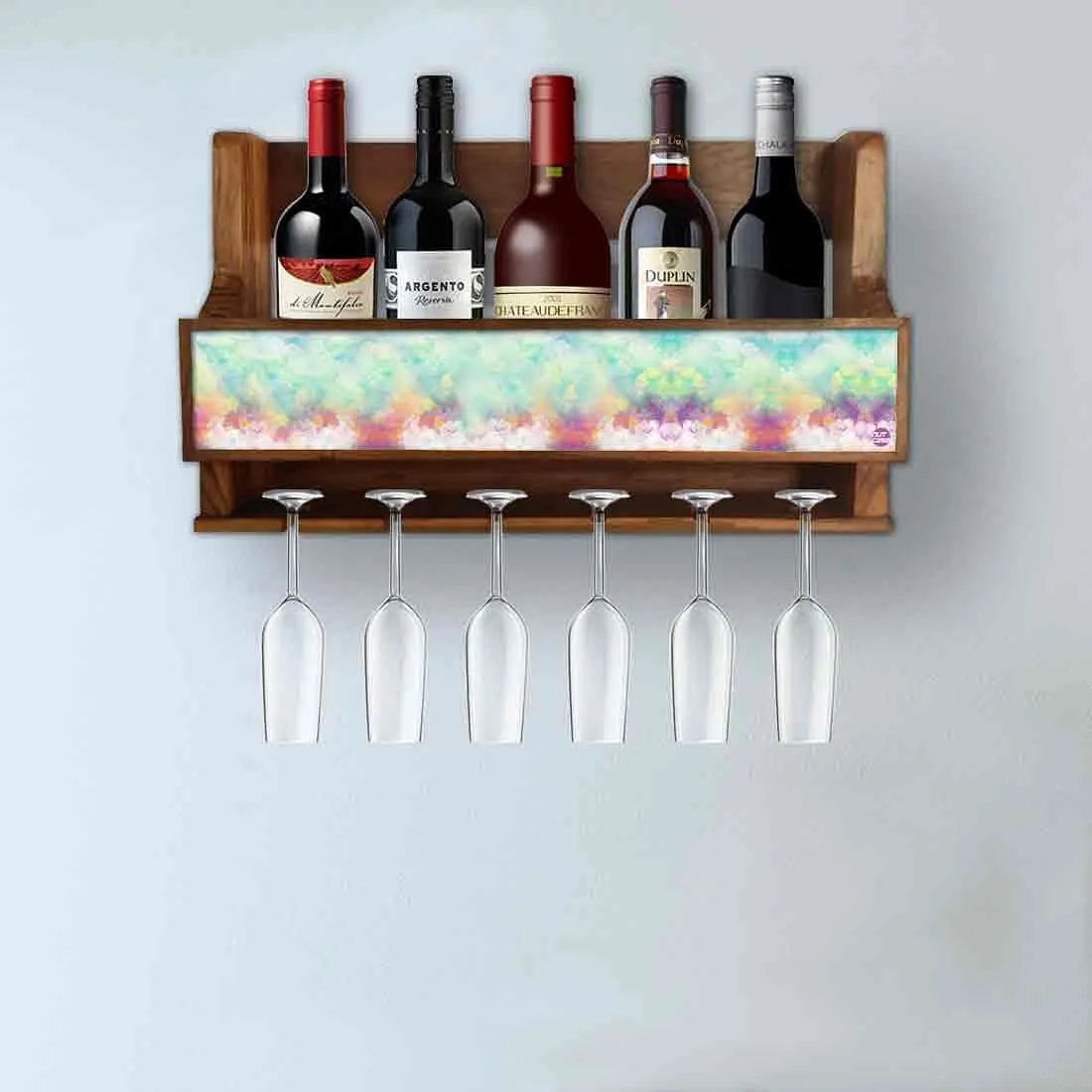 Nutcase Wall Mounted Wine Rack Mini Bar for 5 bottles 6 Glasses- Cloudy