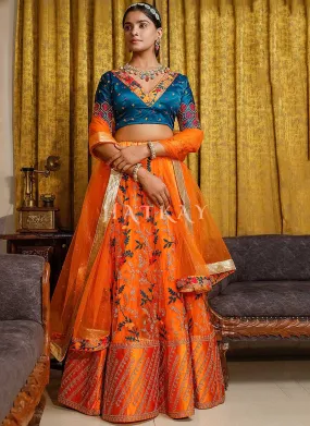 Orange And Blue Multi Embroidery Wedding Lehenga Choli