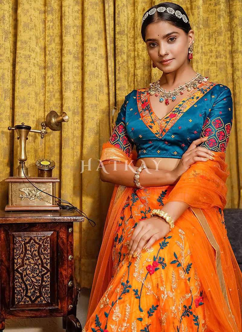 Orange And Blue Multi Embroidery Wedding Lehenga Choli