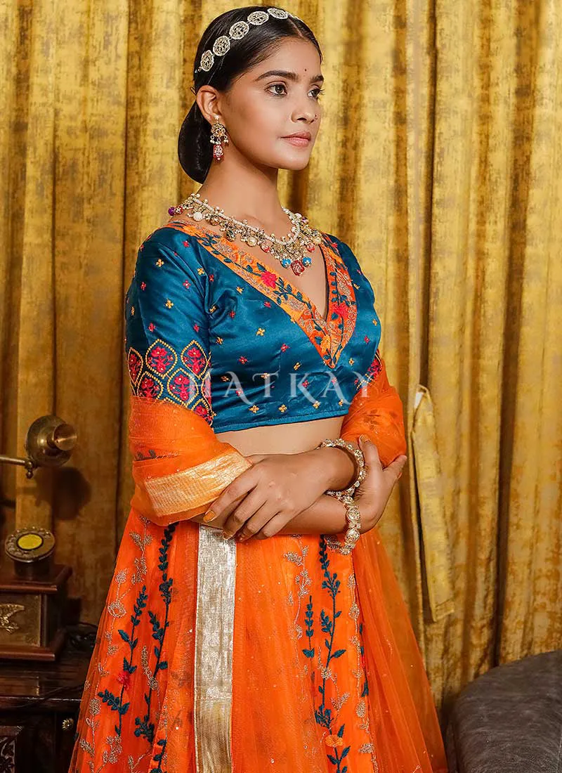 Orange And Blue Multi Embroidery Wedding Lehenga Choli