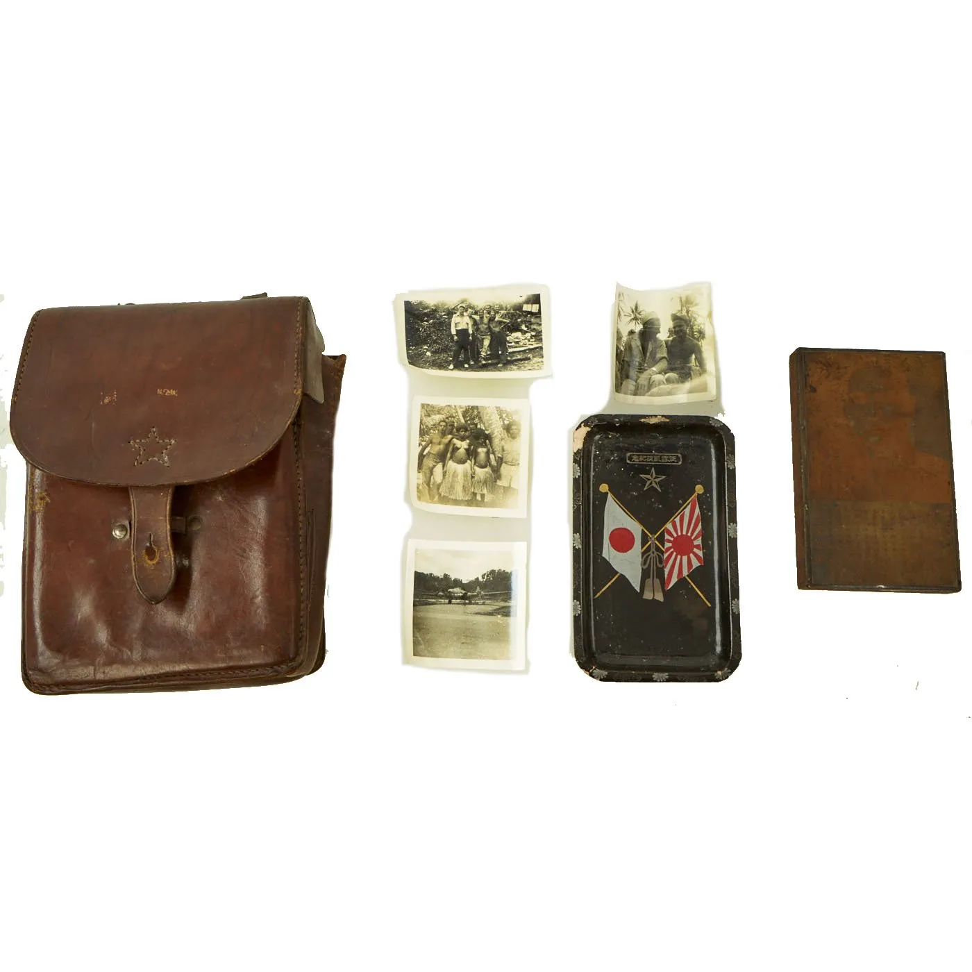 Original Japanese WWII Officer Leather Map Case with Decorative Plaque, Tray, & USGI Photos