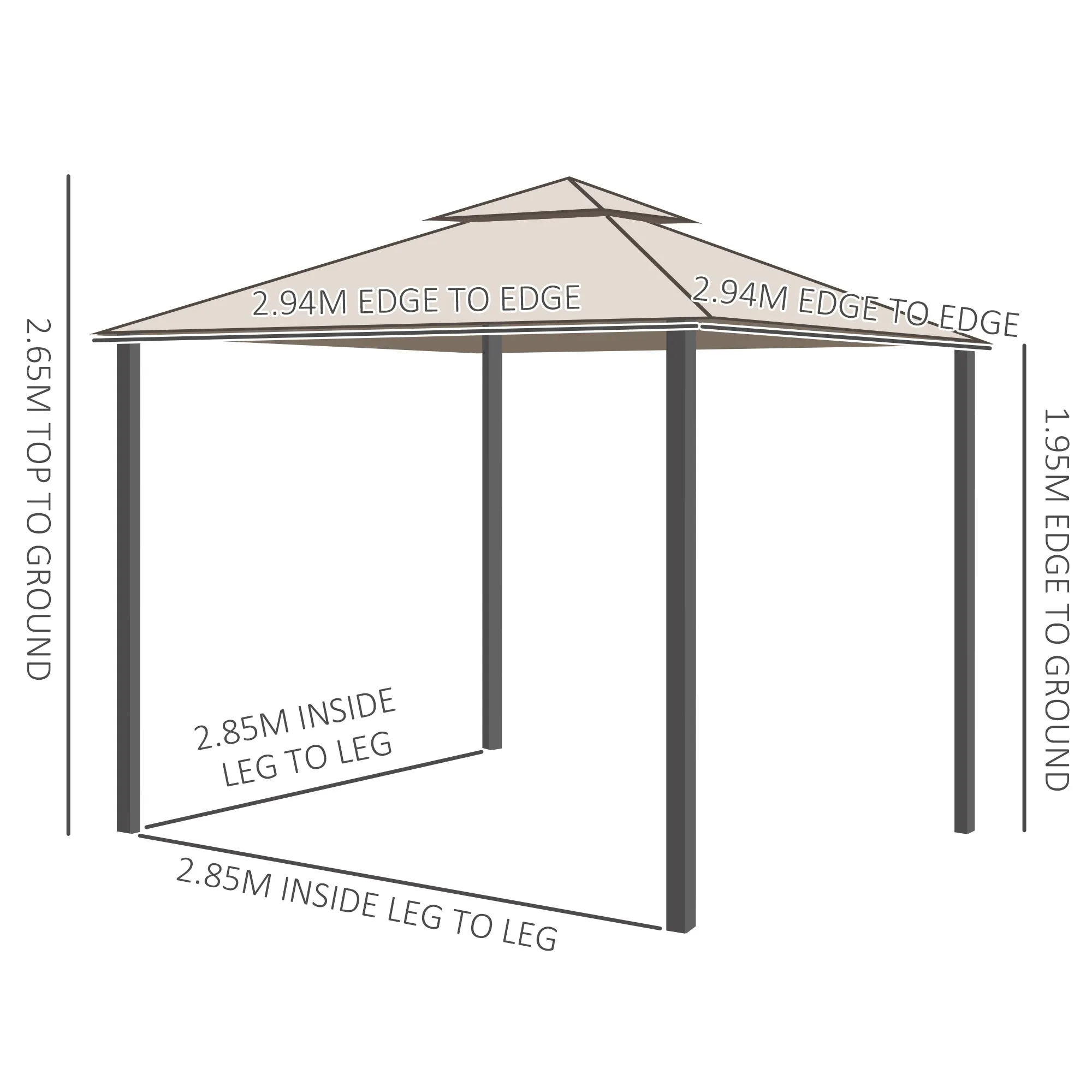 Outdoor Garden Gazebo Tent, 2-tier Roof W/Netting, 295L x 295W x 263Hcm-Taupe