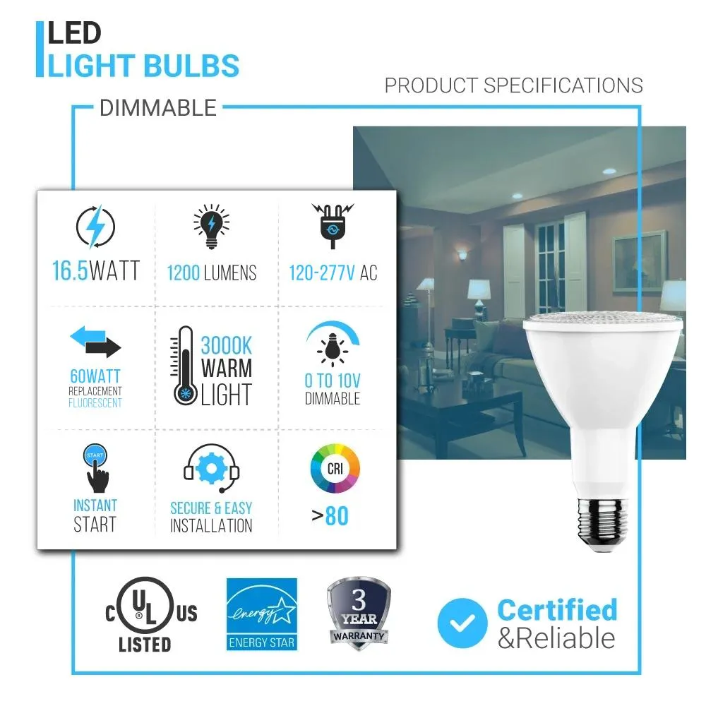 PAR38 LED 16.5W Light Bulbs - 3000K - Dimmable - 1200 Lm - E26 Base - Warm White