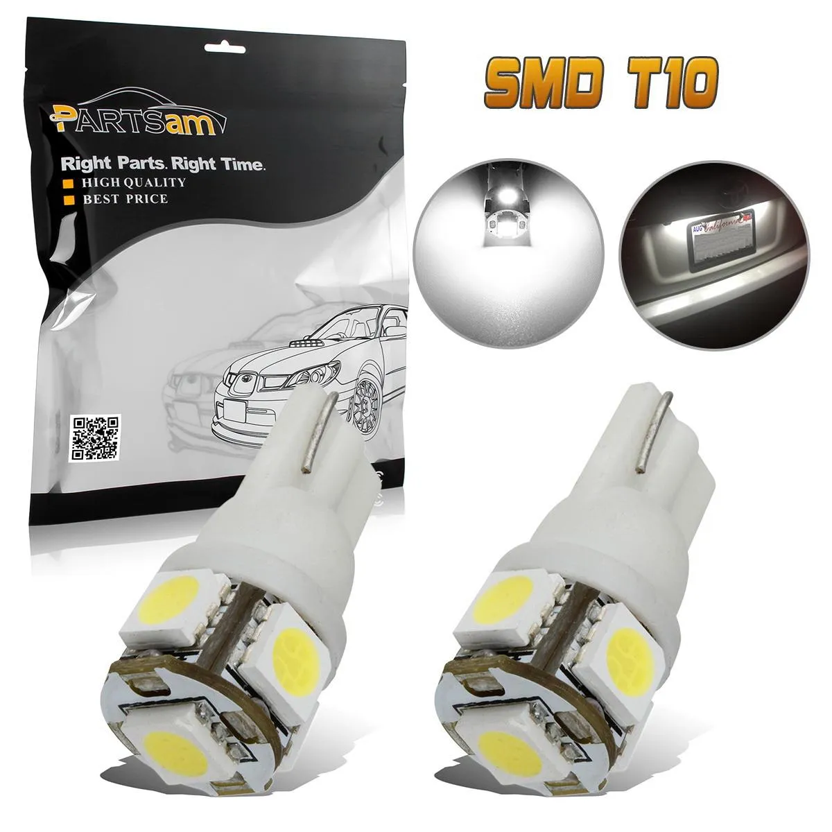 Partsam 2PCS White T10 168 194 2825 5-5050-SMD License Plate LED Lights Lamp Bulbs