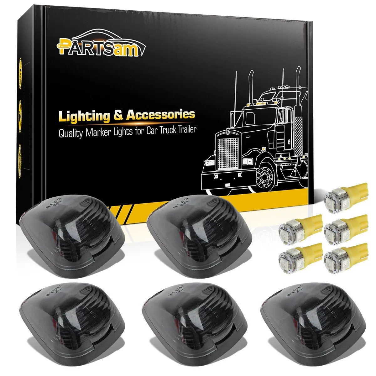 Partsam 5X Smoke Cab Marker Top Roof Light   5X Amber T10 LED Lights Assembly Compatible with E150 E250 E350 E450 F150 F250 F350 F450 F550 Super Duty with Stock Cab Light 1999-2016