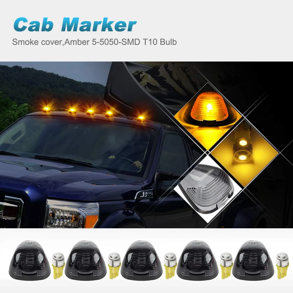 Partsam 5X Smoke Cab Marker Top Roof Light   5X Amber T10 LED Lights Assembly Compatible with E150 E250 E350 E450 F150 F250 F350 F450 F550 Super Duty with Stock Cab Light 1999-2016