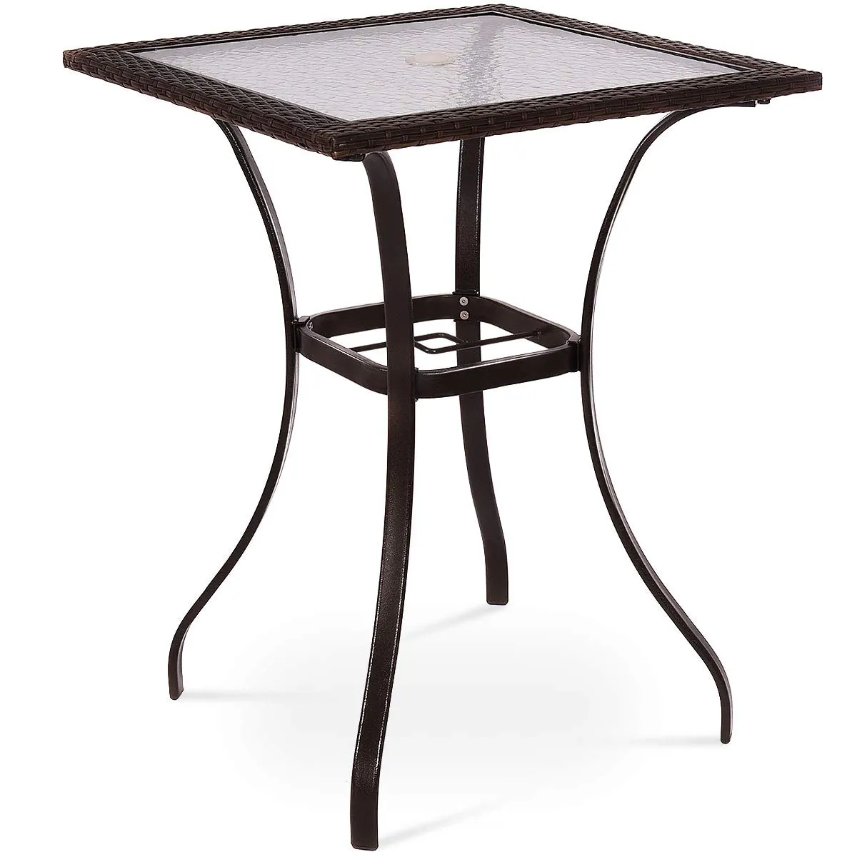 Patio Table Outdoor Garden Balcony Poolside Lawn Glass Top Steel Frame All Weather Dining Bistro Table (Mix Brown Square 28.5")