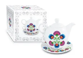 Polish Folk Art Ceramic Tea Pot, Cup and Saucer Set