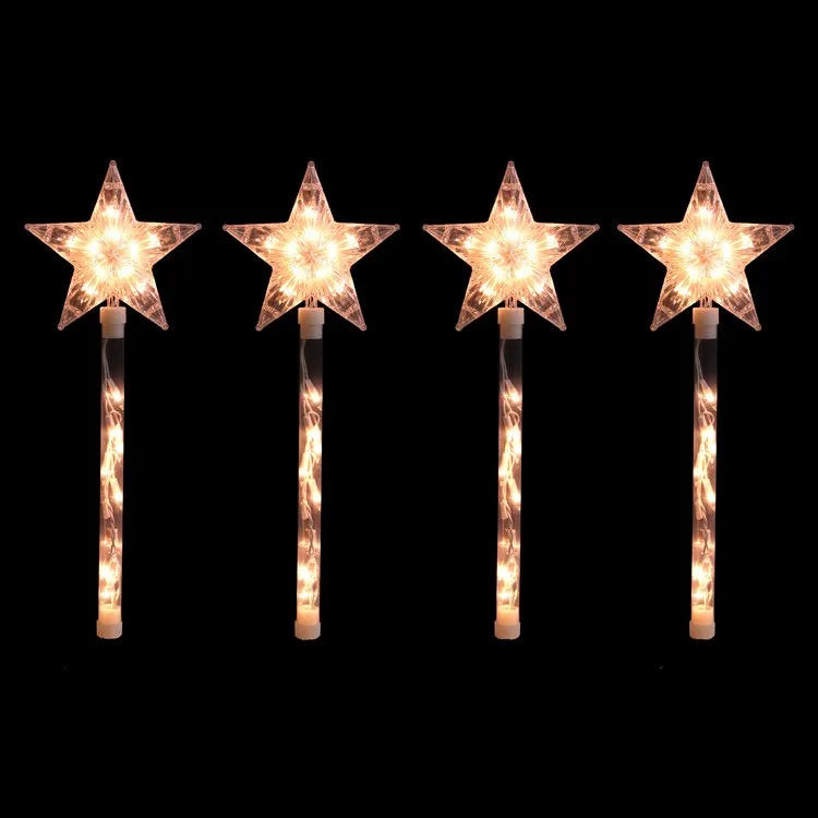 Pre-Lit Star Christmas Pathway Marker with Lawn Stakes with White Wire and Clear Lights Set of 4