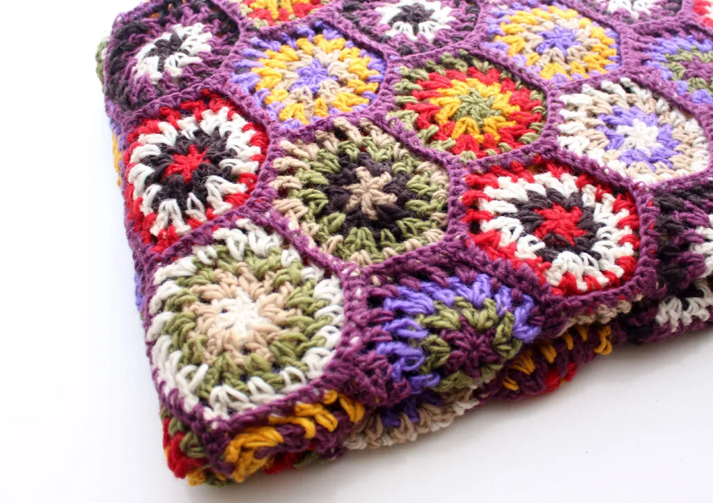 Purple Edges Hexagon Flower Pattern Multicolor Hand Crochet Woolen Blanket/Throw