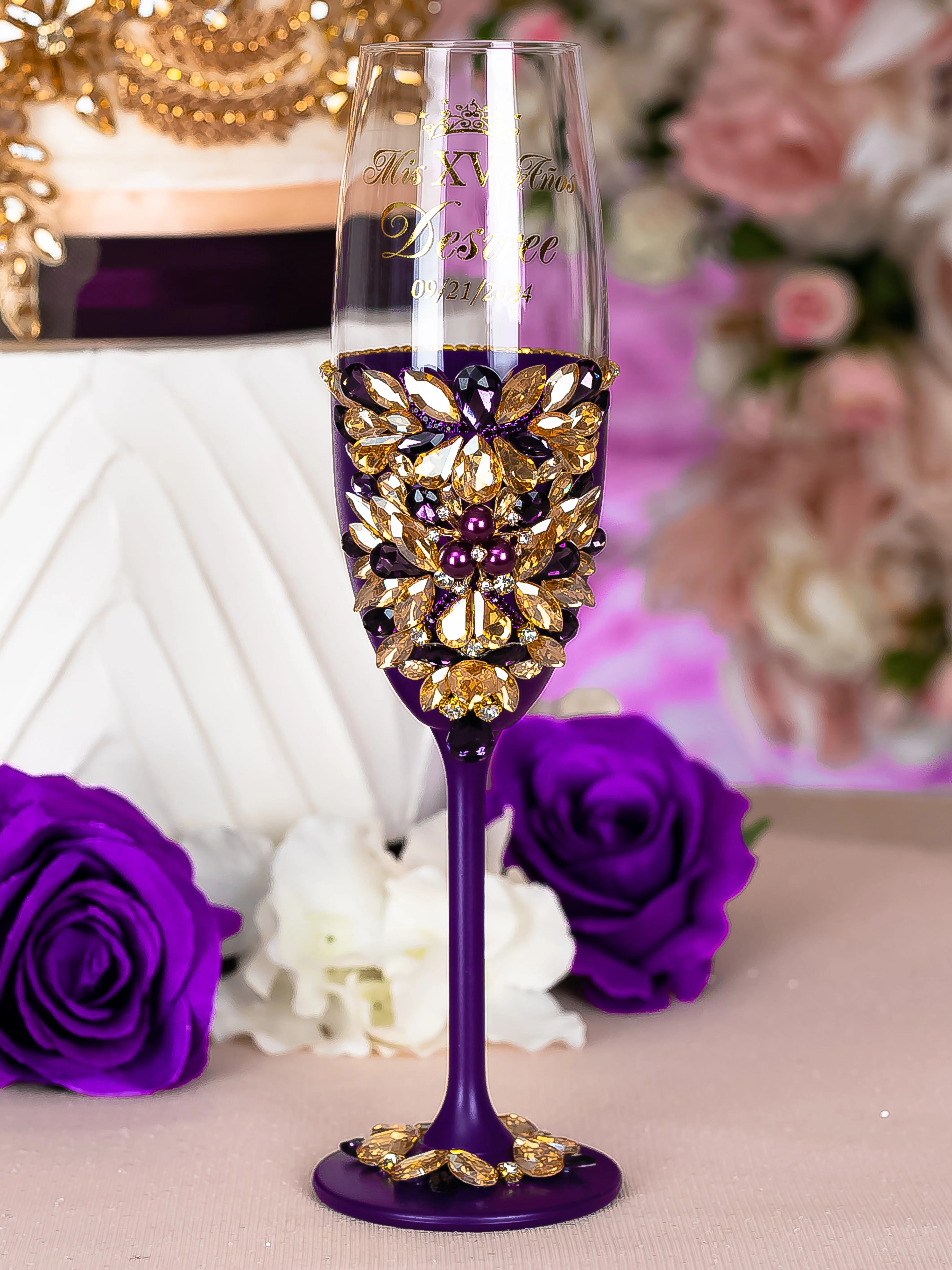 Purple Gold Quinceanera Package of Bottle, Glass and Candle