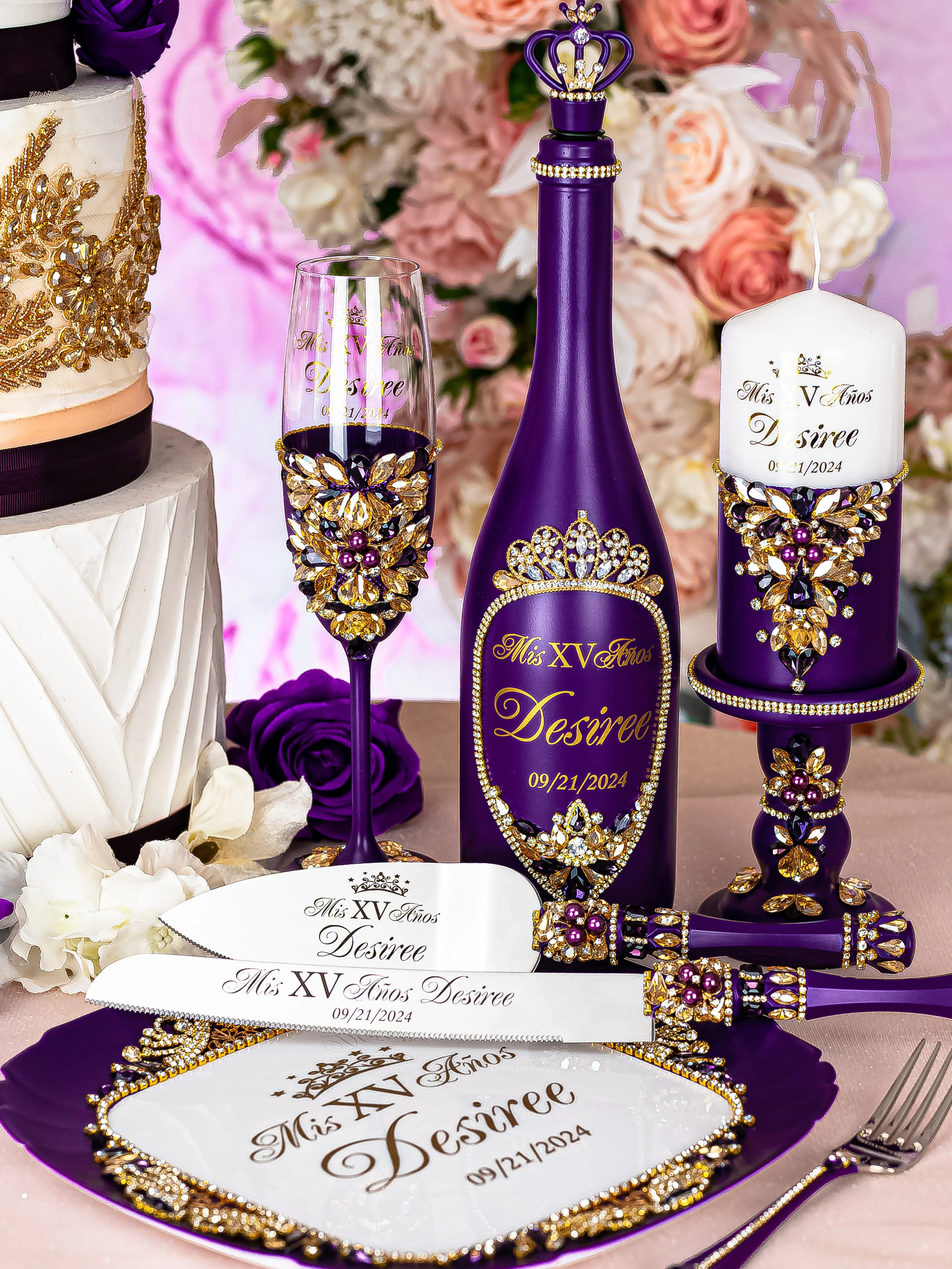 Purple Gold Quinceanera Package of Bottle, Glass and Candle