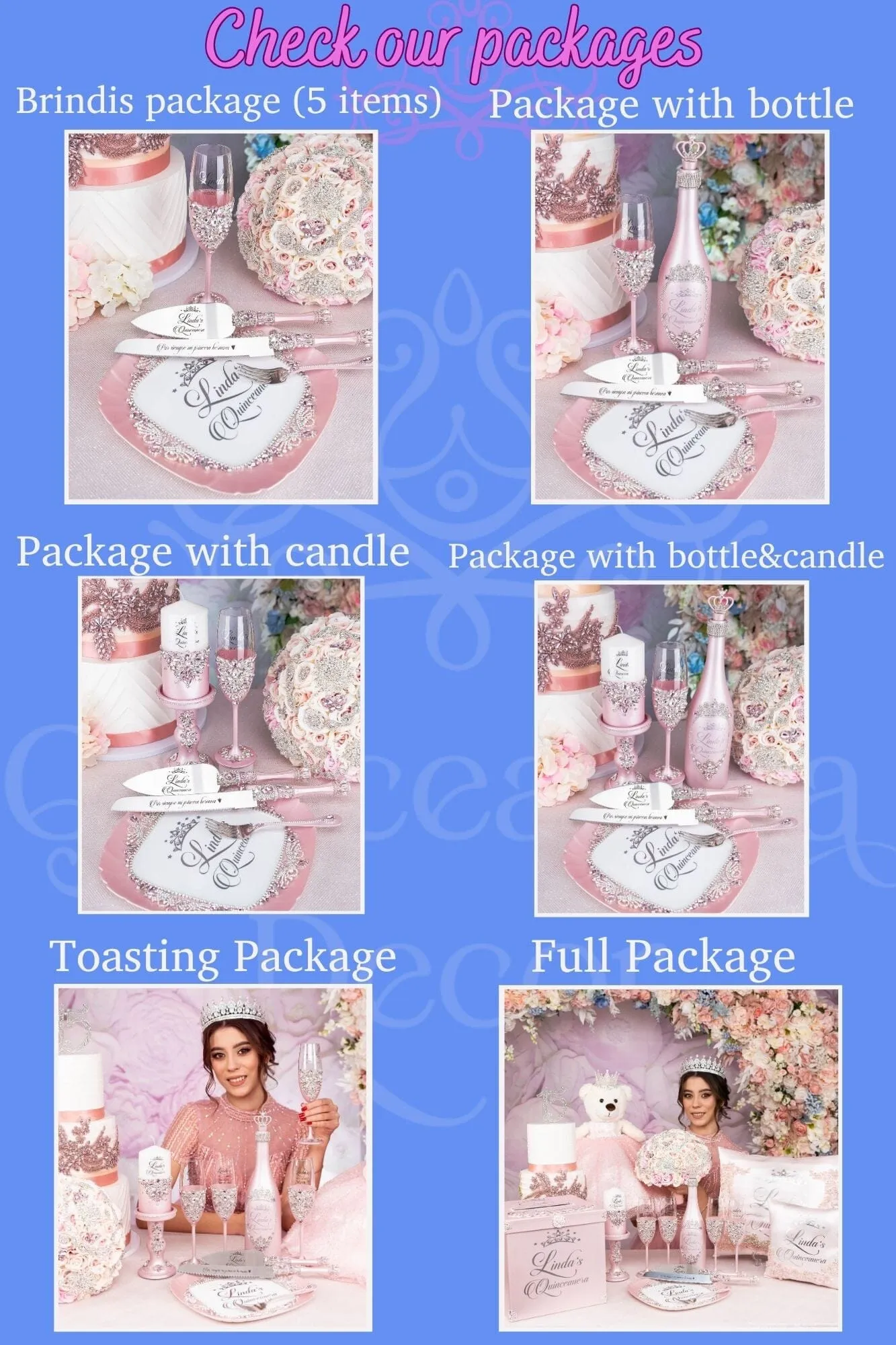 Purple Gold Quinceanera Package of Bottle, Glass and Candle