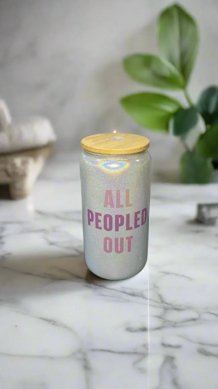 "All Peopled Out" White Glitter Glass Cup