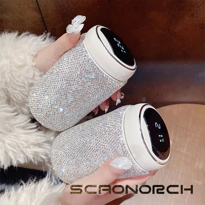 Rhinestones Coffee Cup with Temperature Display - Stainless Steel Vacuum Flask