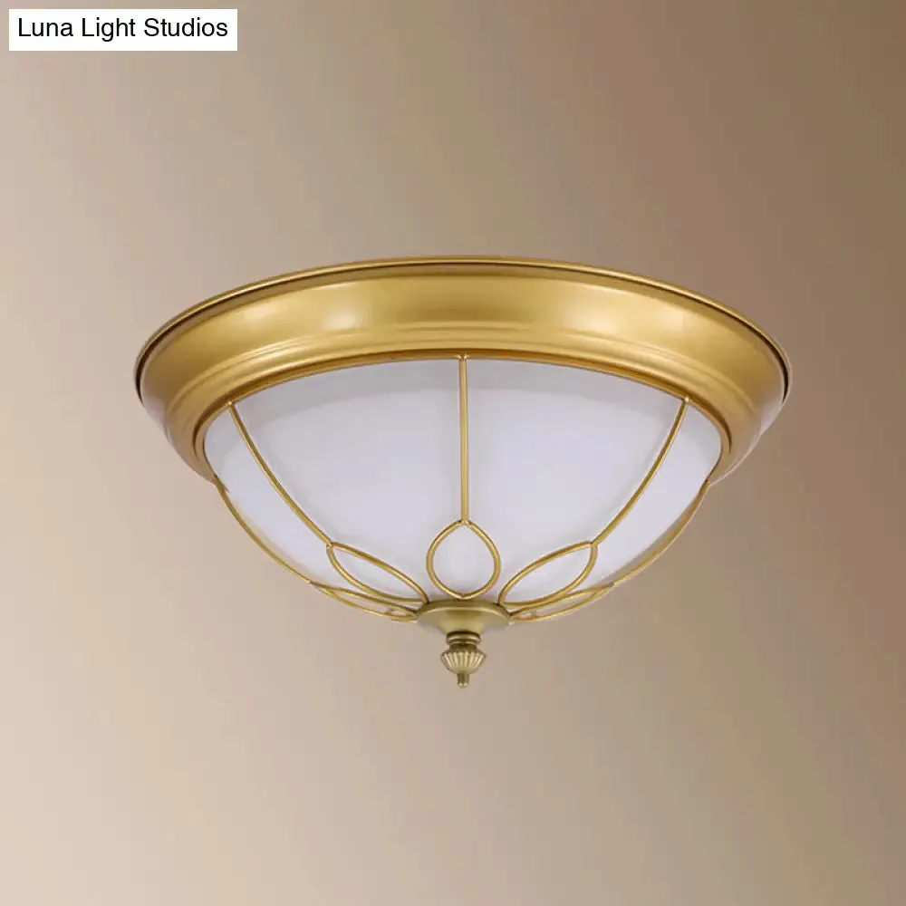 Rustic Bedroom LED Flush Ceiling Light with Milky Glass Dome and Floral Gold Frame