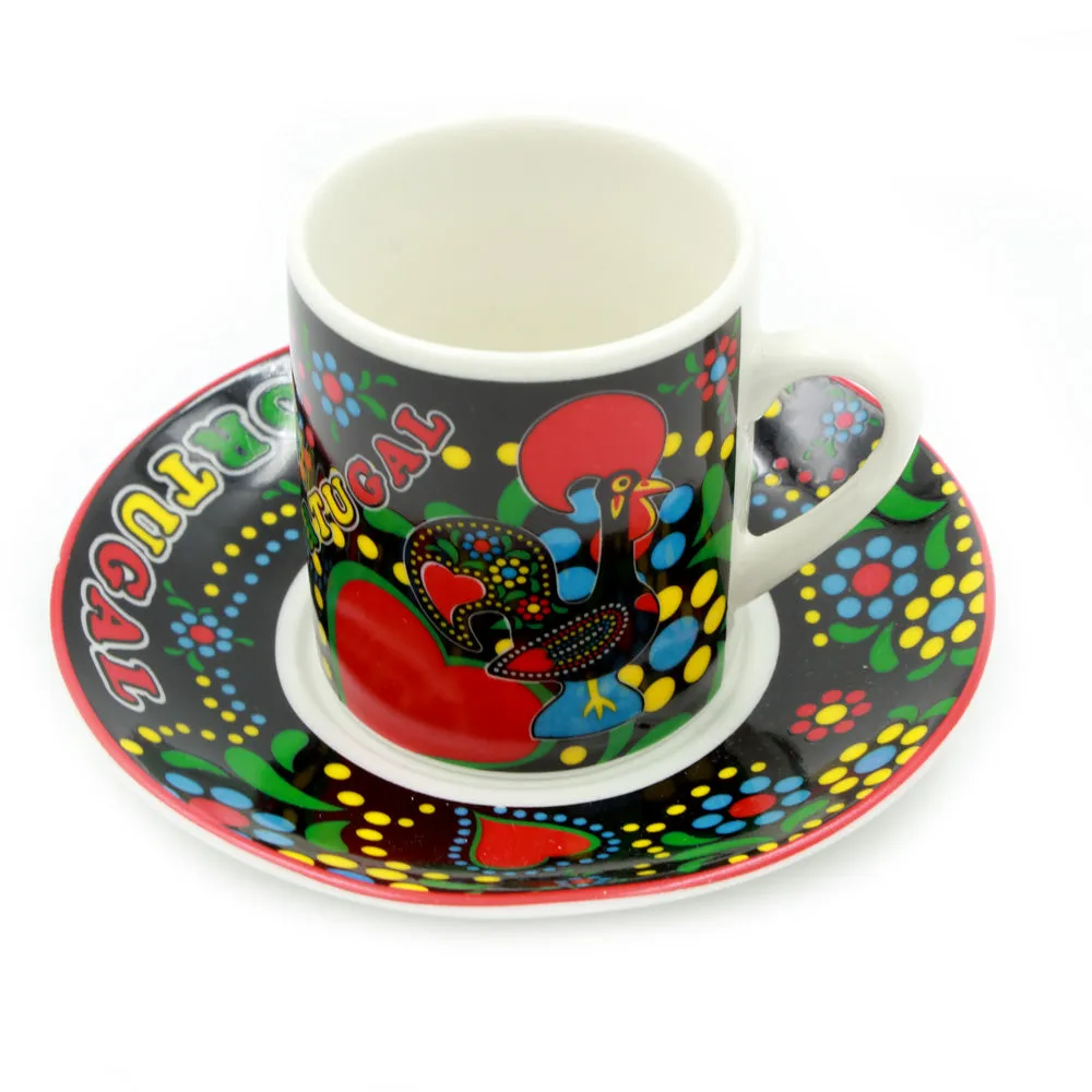 Set Of 6 Portuguese Good Luck Rooster Galo de Barcelos Espresso Cups and Saucers