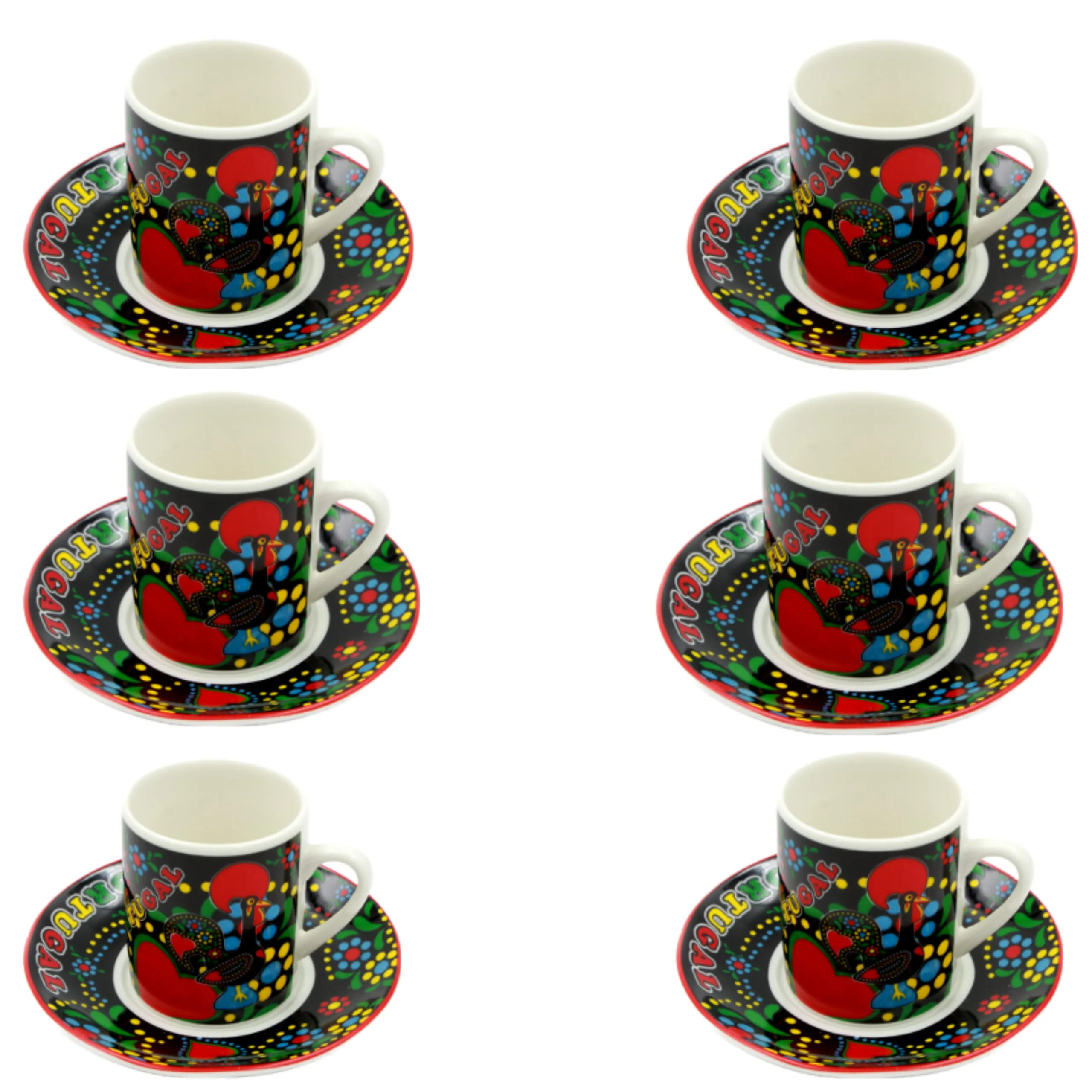 Set Of 6 Portuguese Good Luck Rooster Galo de Barcelos Espresso Cups and Saucers