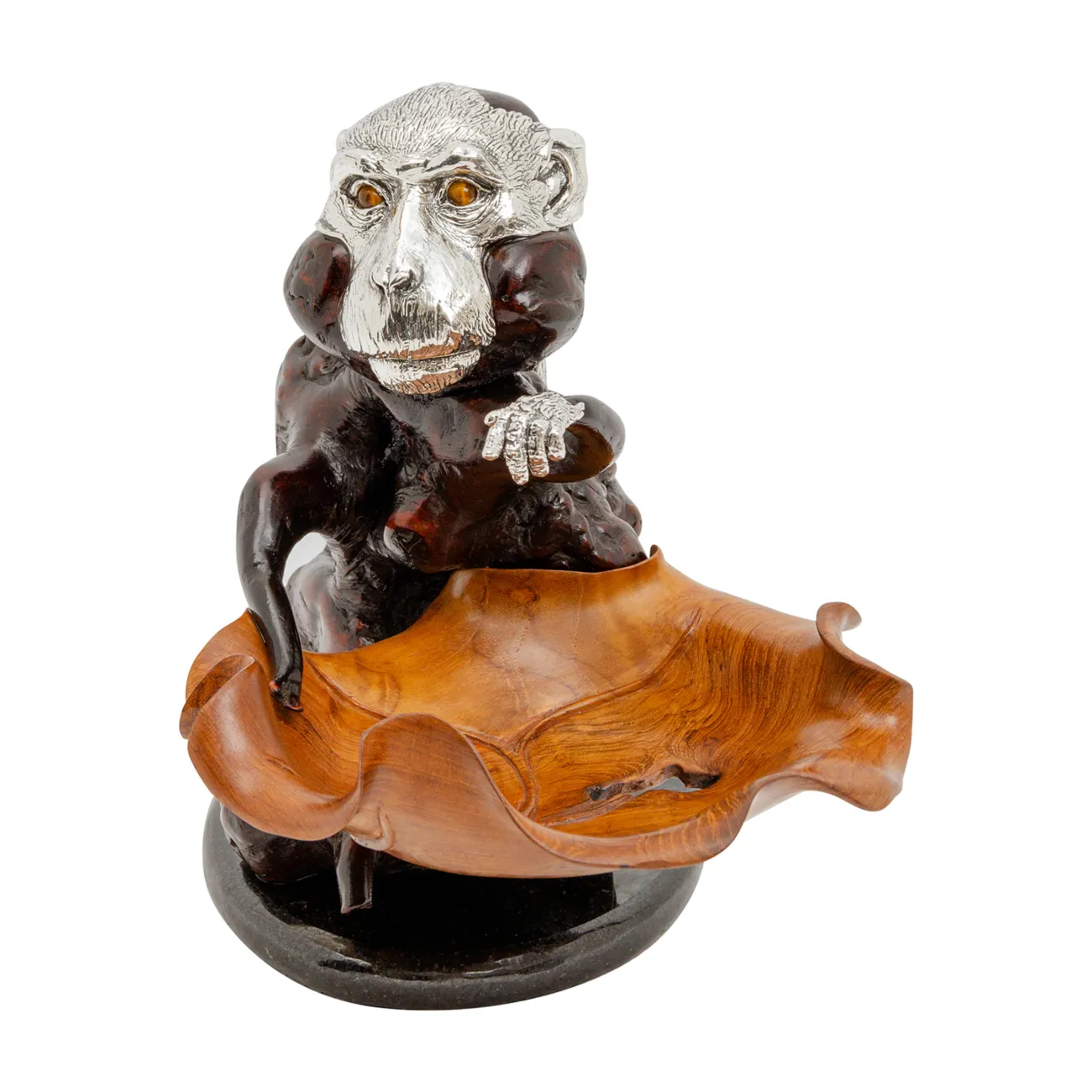 Silver and Burl Wood Monkey Sculpture with Lotus Leaf