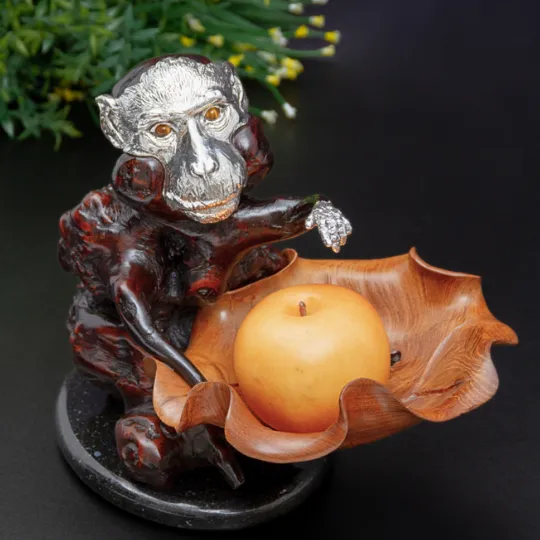 Silver and Burl Wood Monkey Sculpture with Lotus Leaf