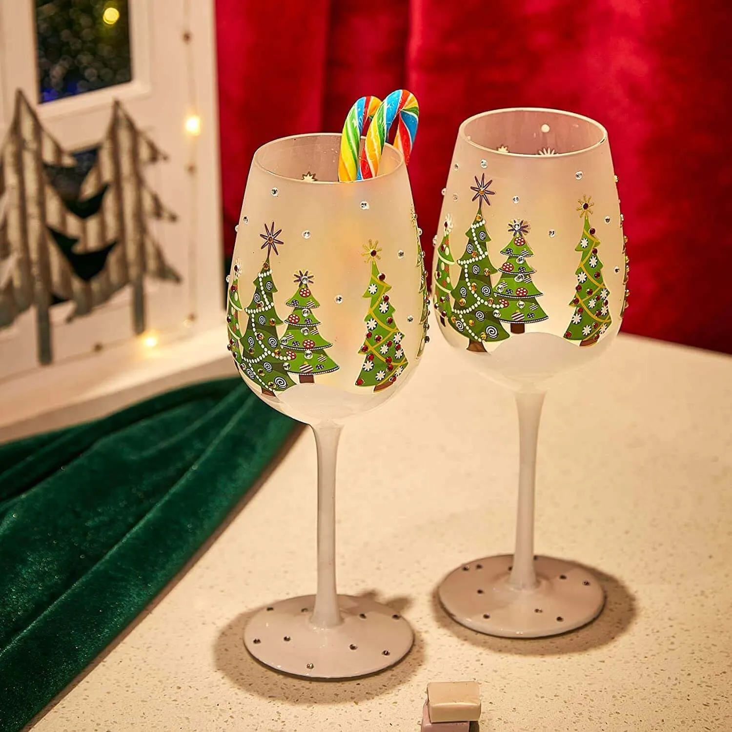 Stemmed Wine Glasses, Christmas Tree Design, Set of 2 - 14 oz.