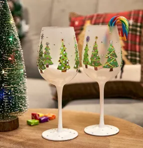 Stemmed Wine Glasses, Christmas Tree Design, Set of 2 - 14 oz.