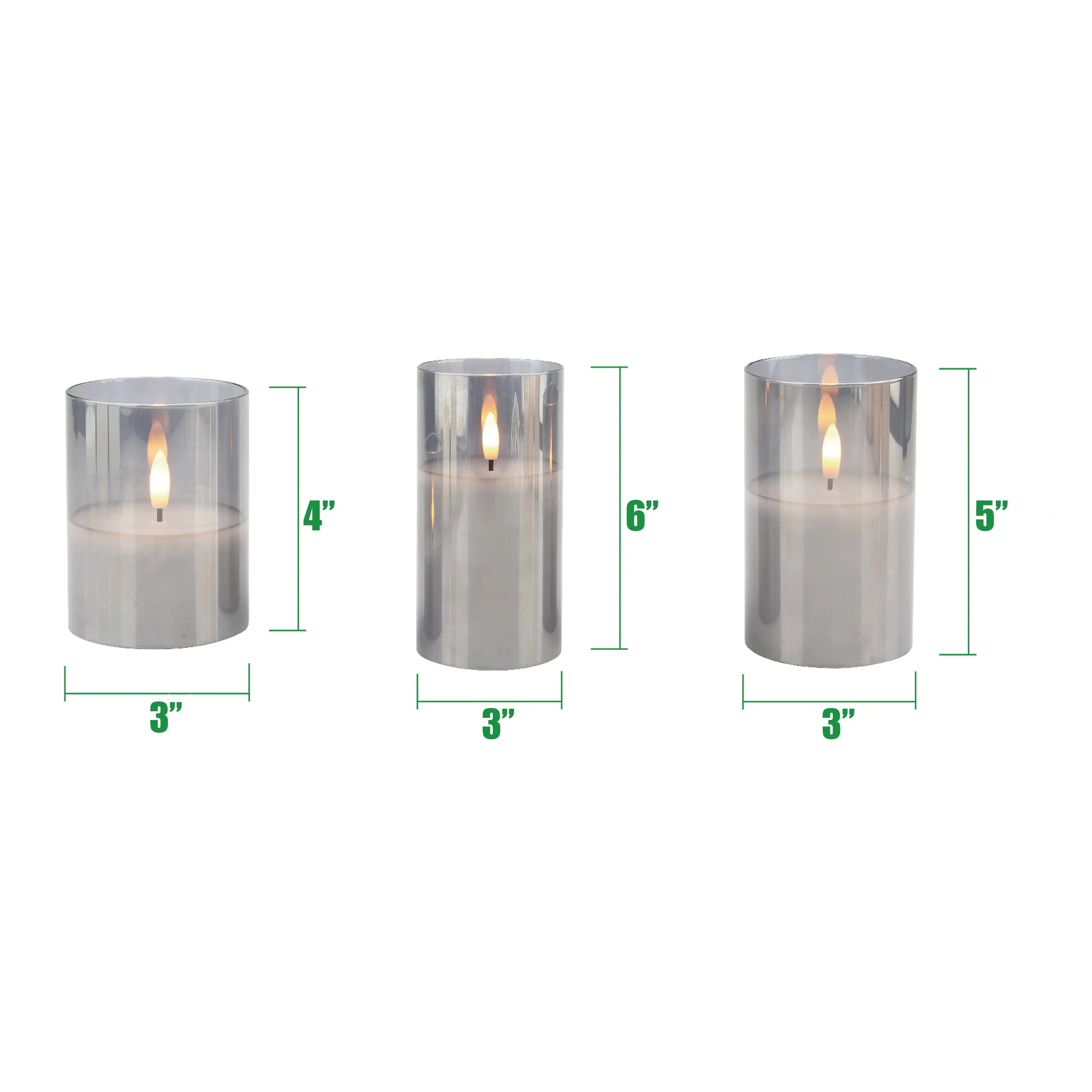 Stonebriar 3 Pack Real Wax Assorted Size Flameless LED Pillar Candles in Silver Glass Hurricane Candle Holder with Remote and Timer