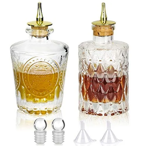 SuproBarware Bitters Bottle Set of 2，Glass Dasher Bottle, Decorative Bottle for Cocktail with Gold Dash Top