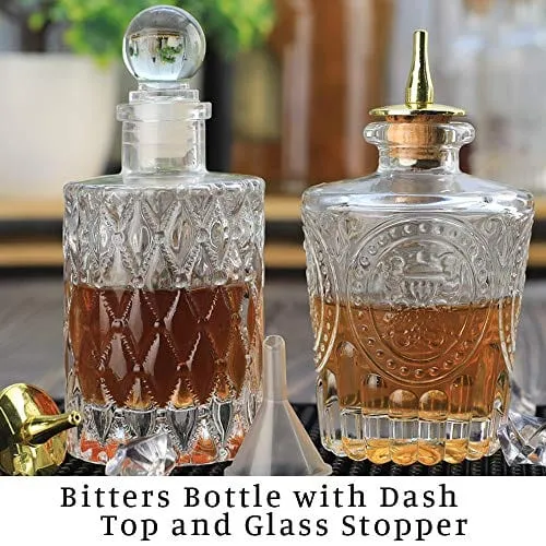 SuproBarware Bitters Bottle Set of 2，Glass Dasher Bottle, Decorative Bottle for Cocktail with Gold Dash Top