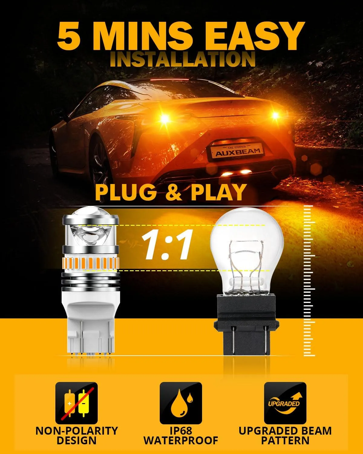 T20 7443 7440 LED Turn Signal Light Rear/Front, Side Maker Light Bulbs 11W 4000LM 3500K Amber B1 Series | 2 Bulbs