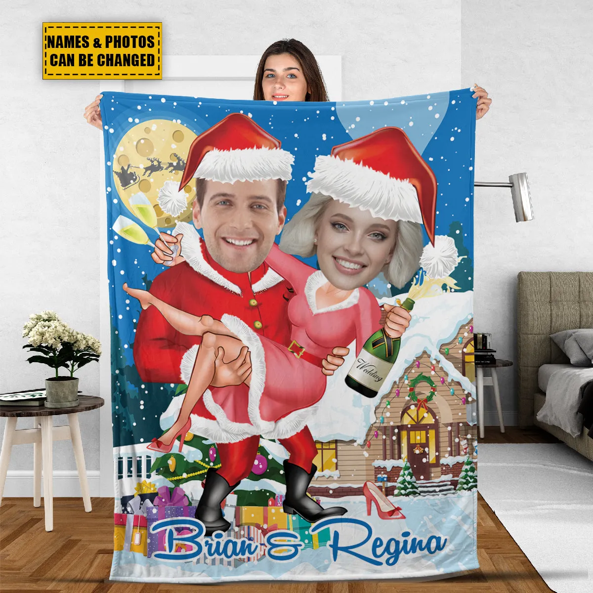 Teesdily | Christmas Couple Custom Photo Blanket, Christmas Theme Customize Blanket, Funny Xmas Gift For Partner, Christmas Holiday Bedroom Decor