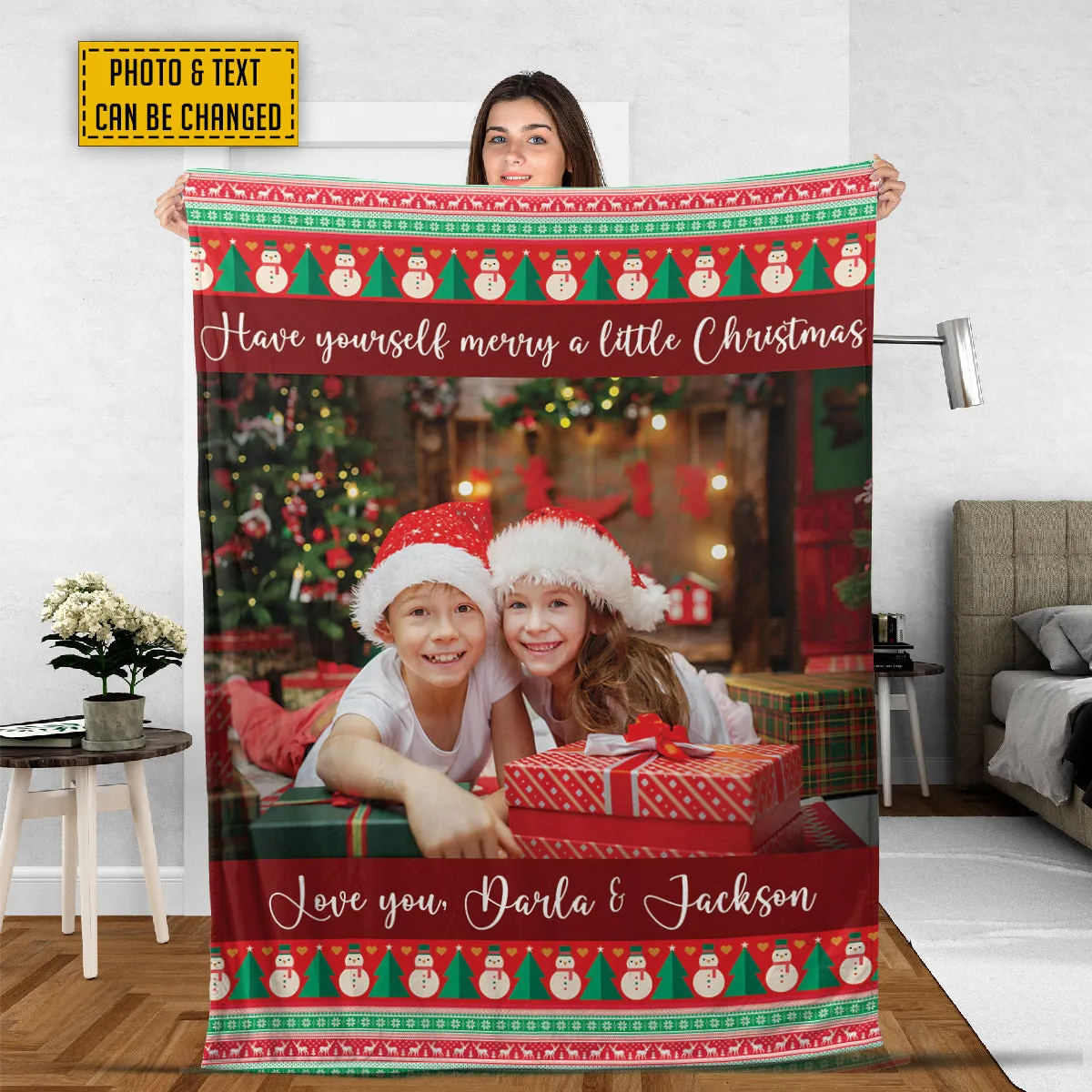 Teesdily | Christmas Picture Blanket Personalized Photo Snowman Xmas Sherpa Blanket Have Yourself Merry A Little Christmas Throw Keepsake Xmas Gifts