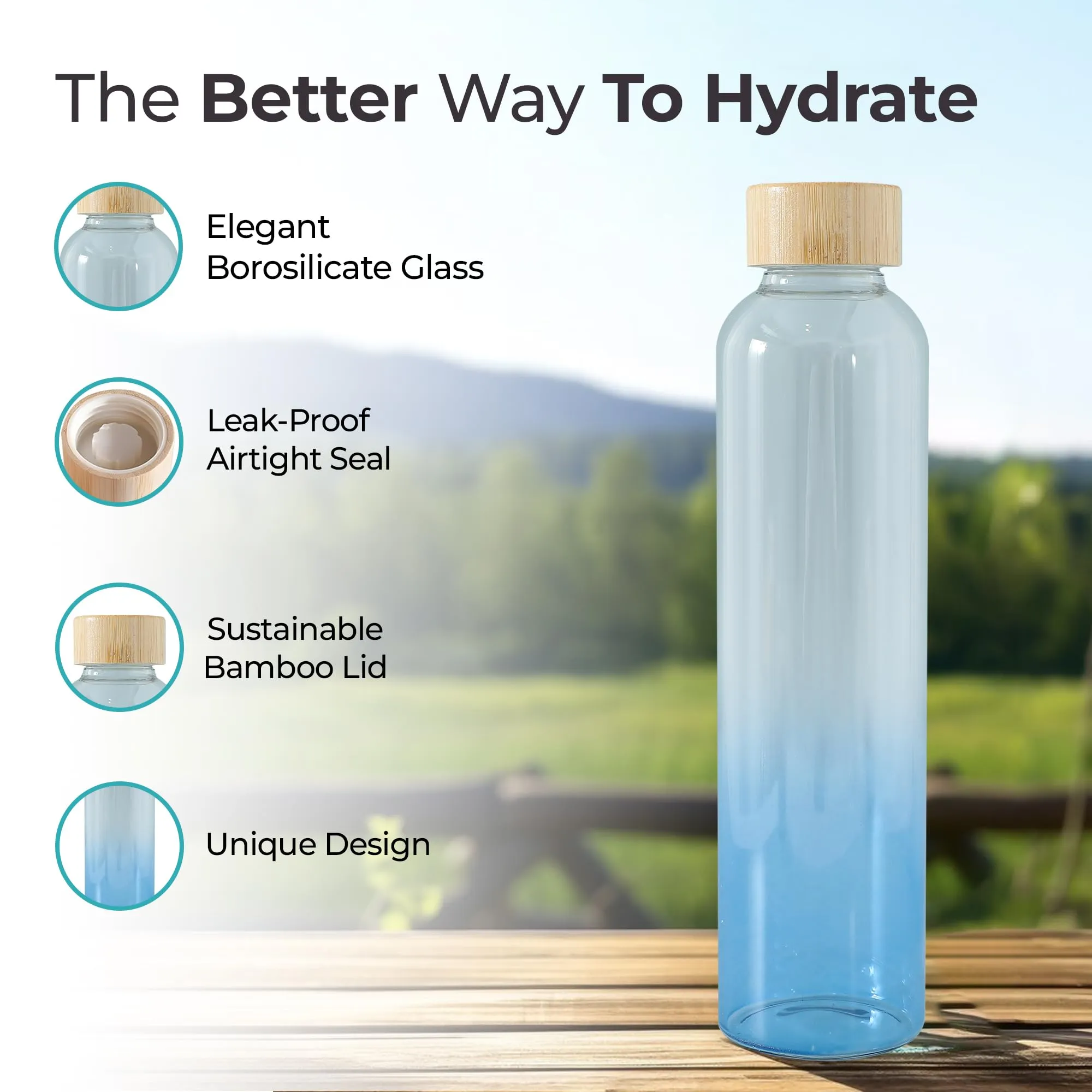 The Better Home Borosilicate Glass Water Bottle | 500ml | Bamboo Lid | Fridge Water Bottles for Men, Women | BabyBlue