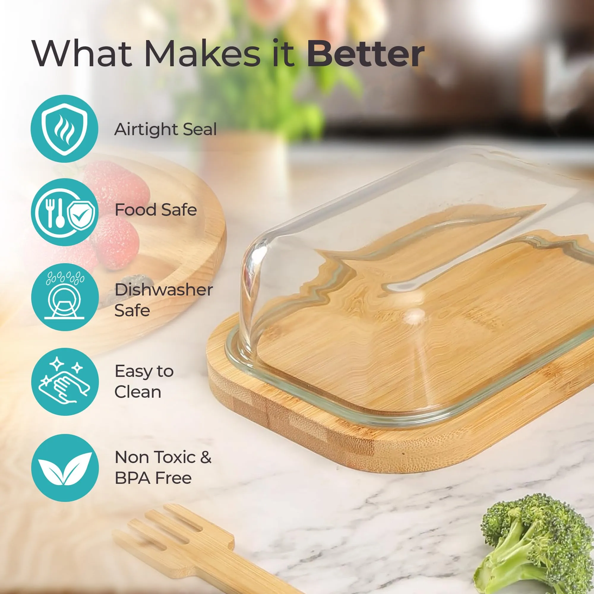 The Better Home Butter Dish with Bamboo Lid Stick Butter Holder|Borosilicate Glass Container for Storage Butter| GlassButter Tray Container |Butter Dishes Tray