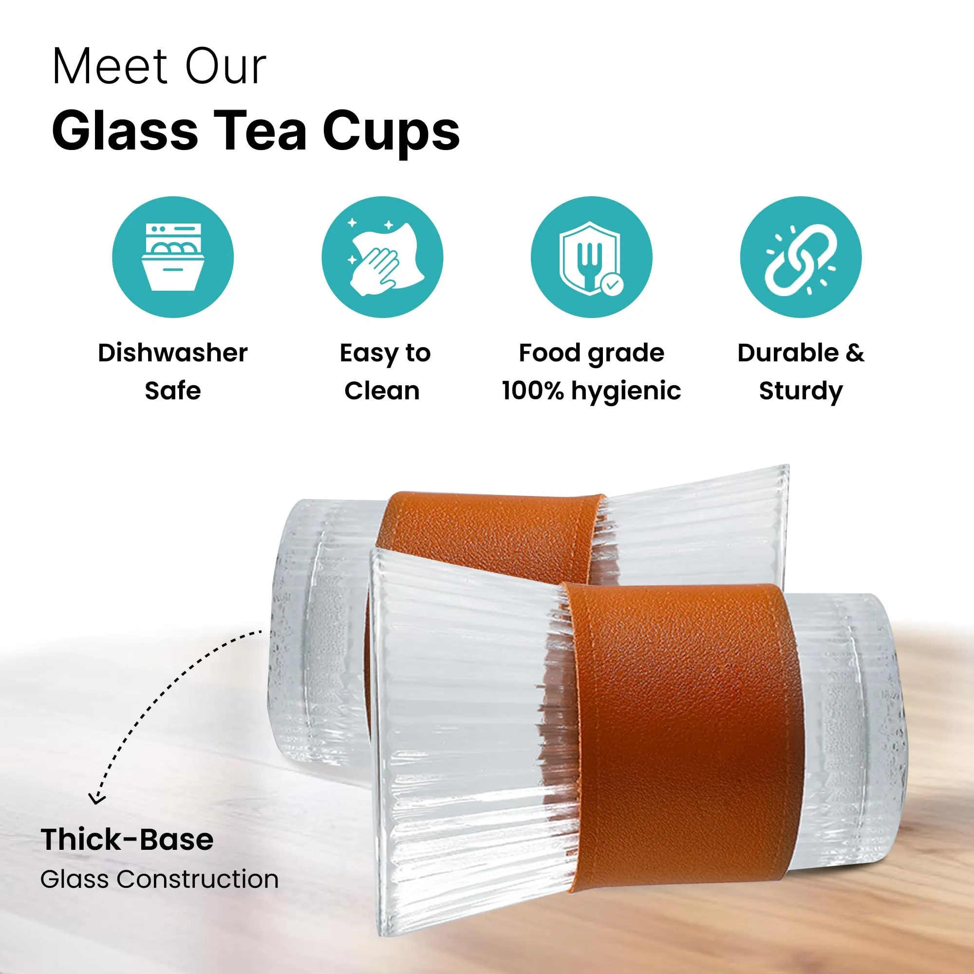 The Better Home Glass Tea and Coffee Mugs| 280ml Each| Pack of 4| House Warming Gifts| Tea Cup Set| Lead-Free Glass Cups with Anti Slip Leather Sleeves for Hot & Cold Beverages| Mugs for Coffee