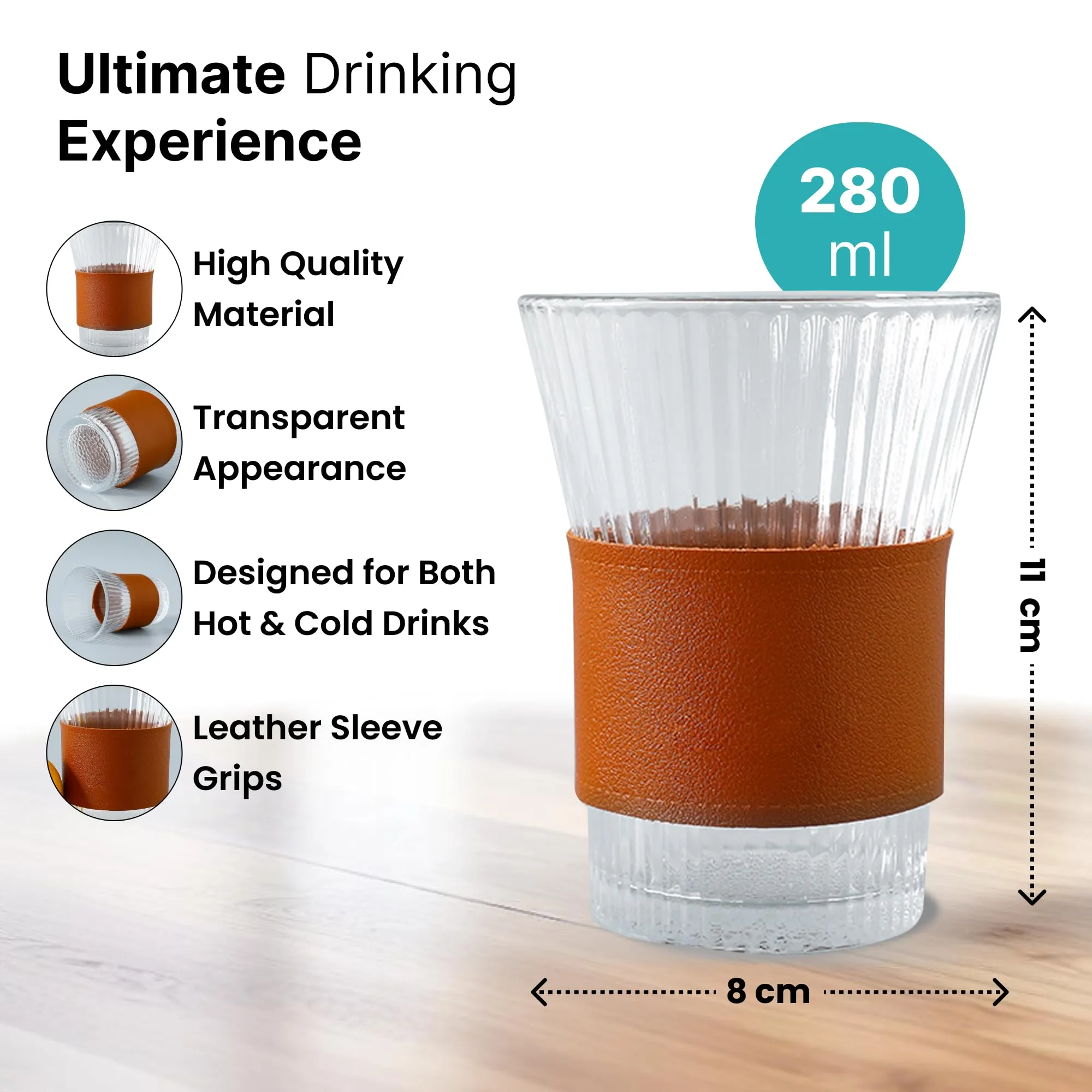 The Better Home Glass Tea and Coffee Mugs| 280ml Each| Pack of 4| House Warming Gifts| Tea Cup Set| Lead-Free Glass Cups with Anti Slip Leather Sleeves for Hot & Cold Beverages| Mugs for Coffee