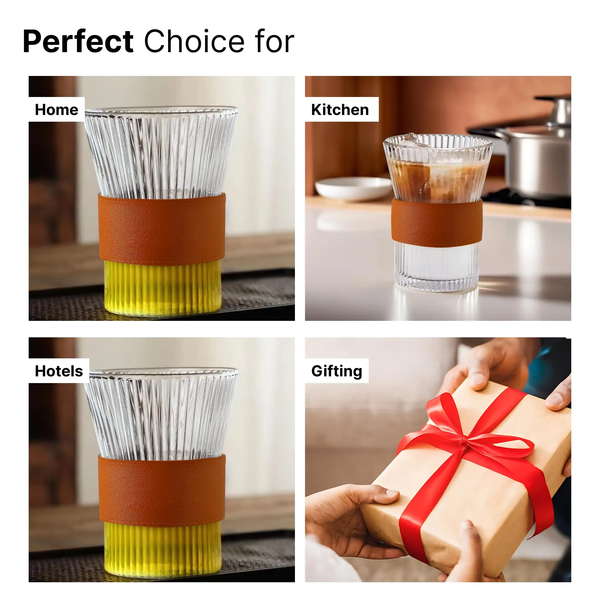 The Better Home Glass Tea and Coffee Mugs| 280ml Each| Pack of 4| House Warming Gifts| Tea Cup Set| Lead-Free Glass Cups with Anti Slip Leather Sleeves for Hot & Cold Beverages| Mugs for Coffee