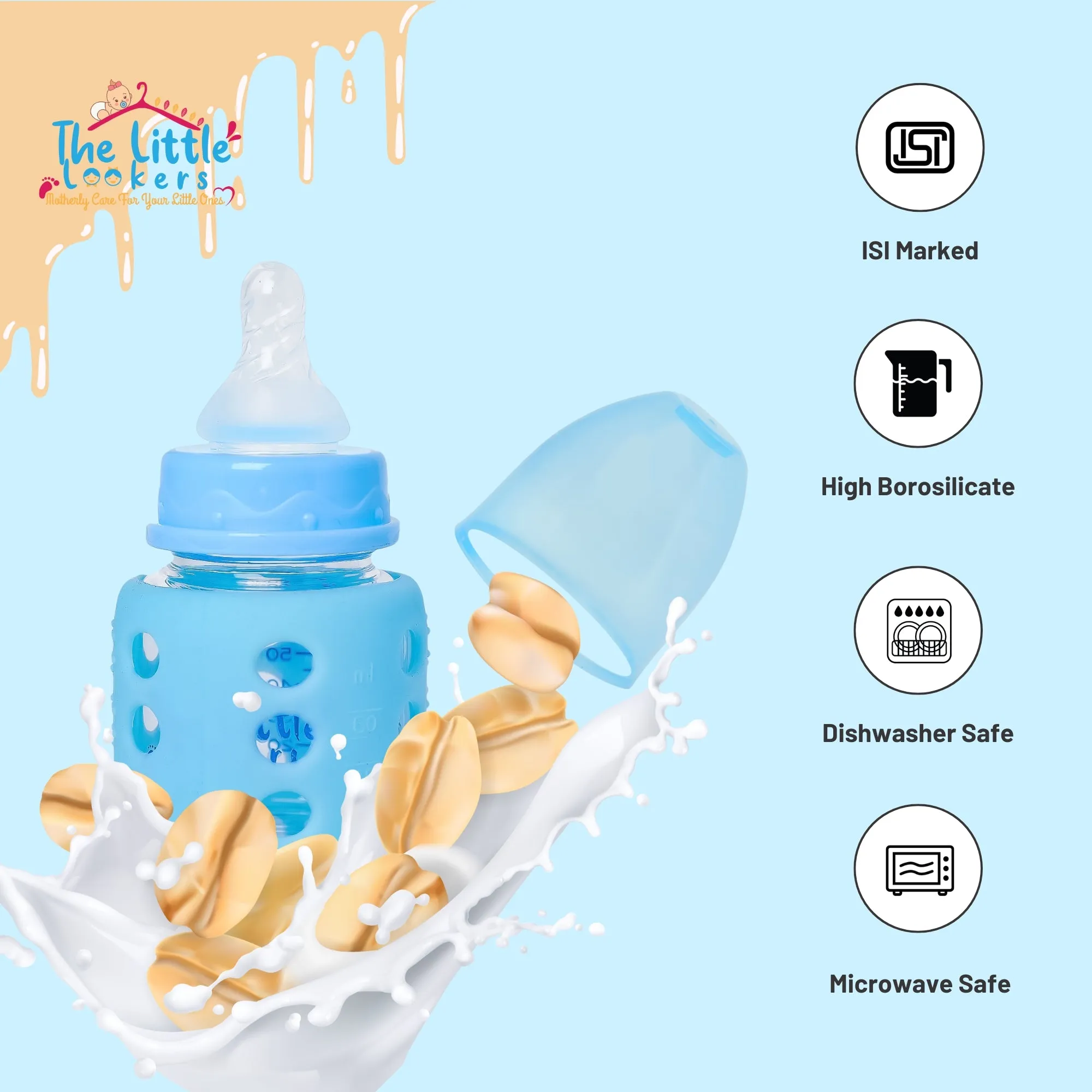 The Little Lookers High Borosilicate Glass Feeding Bottle for Baby/Feeder for Newborn | Super Soft Flow Control & Anti Colic Nipple for Infants/Toddlers