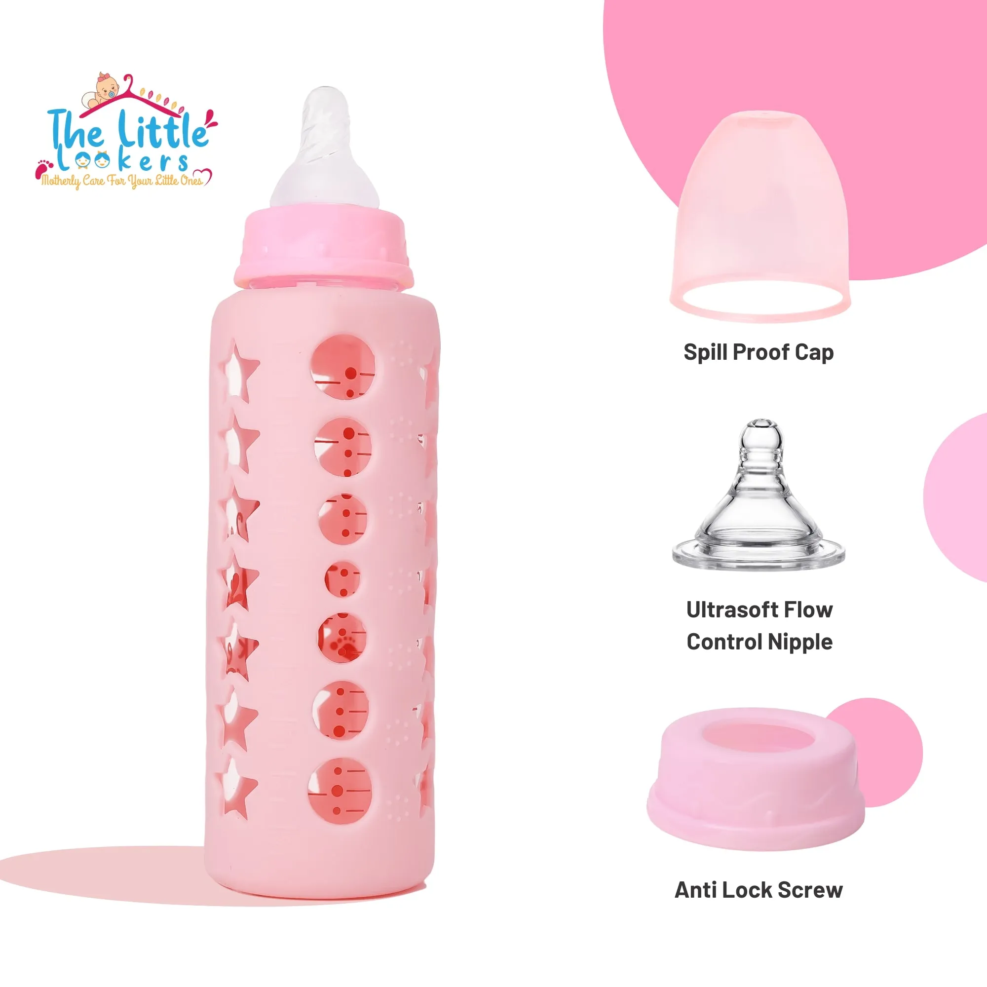 The Little Lookers High Borosilicate Glass Feeding Bottle for Baby/Feeder for Newborn | Super Soft Flow Control & Anti Colic Nipple for Infants/Toddlers